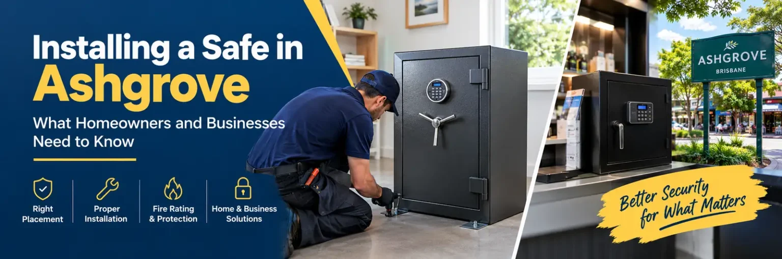 Installing a safe in Ashgrove, Brisbane, with a professional technician securing a heavy-duty digital safe in a home or business, highlighting proper placement, professional installation, fire protection, and reliable security solutions.