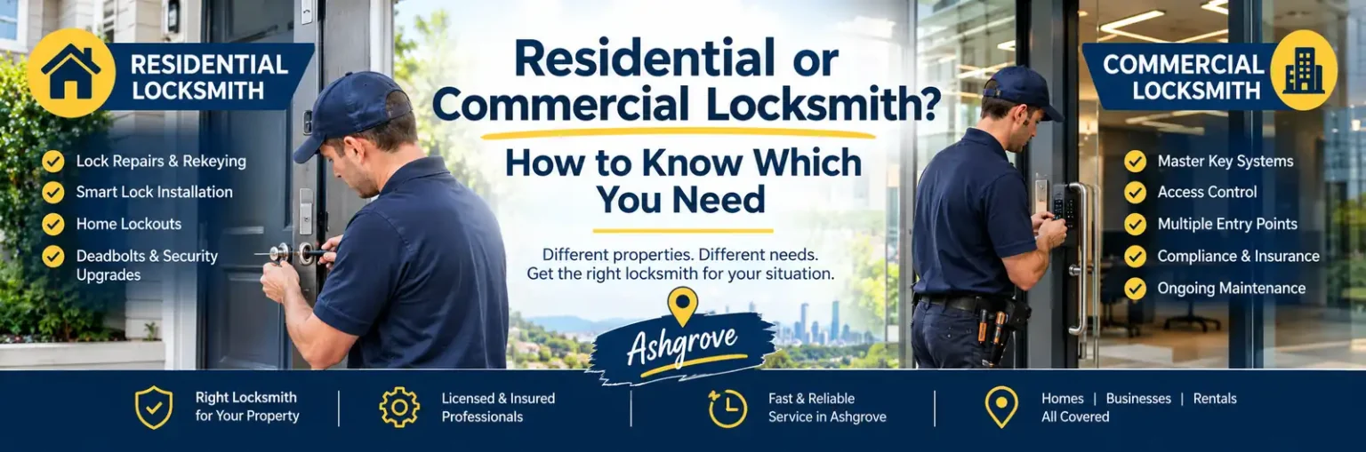 Residential and commercial locksmith services in Ashgrove, showing home lock repairs and business access control.